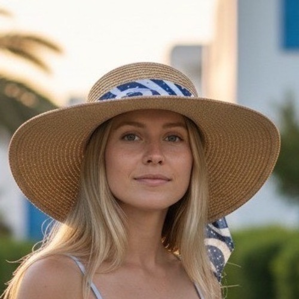 Adrienne Vittadini Tan Paper Straw Sun Hat Navy Blue White Ribbon Rhinestones